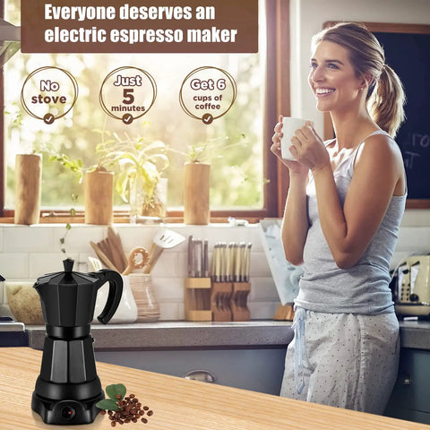 Electric Moka Pot 6 Cup Coffee Maker For Quick Espresso At Home No Stove Needed Italian Style Espresso Machine Portable Aluminum Moka Pot For Ground Coffee Easy Brew No Fuss Coffee Pot on kitchen counter with woman holding coffee mug