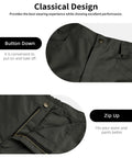 Close-up of Mens Hiking Cargo Shorts Waterproof Tactical Short With 6 Pockets No Belt Durable Stretch Fabric, dark grey, button and zip details.