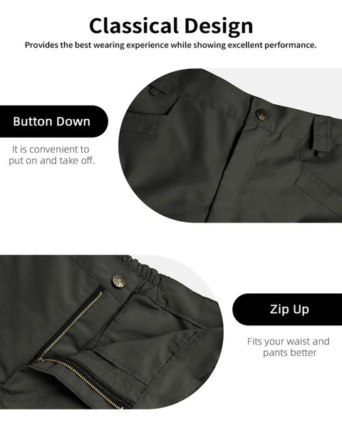 Close-up of Mens Hiking Cargo Shorts Waterproof Tactical Short With 6 Pockets No Belt Durable Stretch Fabric, dark grey, button and zip details.