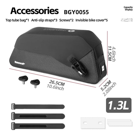 Slim Fit Bike Top Tube Bag Waterproof IPX4 Magnetic Closure Frame Pouch For Road And MTB With Dual Mounting Options, 1.3L