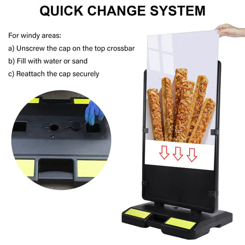 Quick change system on 2 Pack 24 By 36 Inch Double Sided Sidewalk Sign For Outdoor Use Weatherproof Plastic Advertising Board With Water Filled Base Grey Frame For Restaurants Cafes Bars And Events