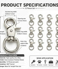 Heavy Duty Metal Swivel Snap Hooks Twelve Pack Slick 360 Spin Trigger Clips For Purses And Keychains with size specifications.