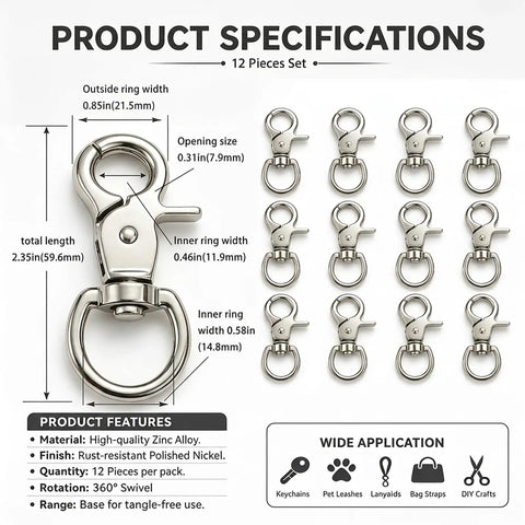 Heavy Duty Metal Swivel Snap Hooks Twelve Pack Slick 360 Spin Trigger Clips For Purses And Keychains with size specifications.