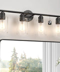 4 Light Black Bathroom Vanity Light Fixtures With Rustic Farmhouse Style Over Mirror Modern Industrial Lamp With Cylinder Glass Shades UL Listed Durable Matte Black Finish For Easy Maintenance And Modern Bathroom Decor On Point