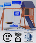 Illustration of Applewood Cedar Wooden Swing Set with Double A Frame, 32 inch saucer swing, 6 foot wavy slide, covered fort, and basketball hoop.