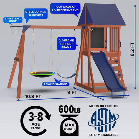 Illustration of Applewood Cedar Wooden Swing Set with Double A Frame, 32 inch saucer swing, 6 foot wavy slide, covered fort, and basketball hoop.