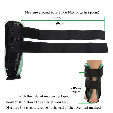 Air Gel Ankle Brace With Stirrup Support For Upright Stability And Quick Relief, side view showing adjustable straps and measurement guide
