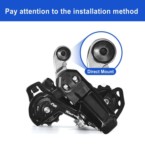 Close-up of RD-TY200 6 To 7 Speed Rear Derailleur Direct Mount For Mountain Bikes Heavy Duty Steel Construction Easy Install SIS Index Shifting Compatible Delivers Smooth Reliable Shifting with direct mount detail