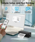 Sleek 4x6 Portable Thermal Label Printer Featuring Hella Reliable Bluetooth Sync And Stress Free App Pairing For Swift Shipping Tasks used with laptop and smartphone.