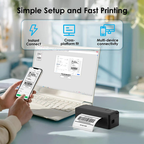 Sleek 4x6 Portable Thermal Label Printer Featuring Hella Reliable Bluetooth Sync And Stress Free App Pairing For Swift Shipping Tasks used with laptop and smartphone.