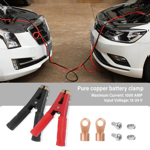 Heavy Duty 2 Pack Car Battery Charger Clamps Drop In Replacement With Smooth Grippy Handles And Secure Seals Built Tight For 12V Trucks Boats And Emergency Jumper Starts, showing red and black clamps with copper connectors.