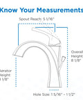 Diagram showing Vaughn Single Handle Lavatory Faucet Chrome Finish With All Metal Body Water Saving 1.2 GPM Flow measurements