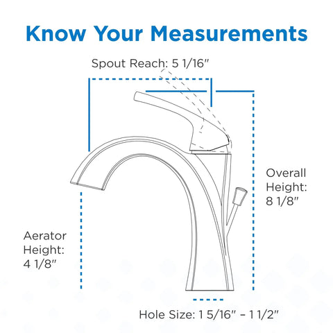 Diagram showing Vaughn Single Handle Lavatory Faucet Chrome Finish With All Metal Body Water Saving 1.2 GPM Flow measurements