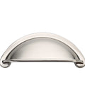 Front view of a brushed satin nickel cabinet cup pull, part of 10 pack with 3 inch hole centers, ideal for cabinets, drawers, and closets.