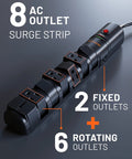 VoltSpin Surge Protector Power Strip 2 Pack with 8 AC outlets, including 6 rotating and 2 fixed outlets shown on surface.