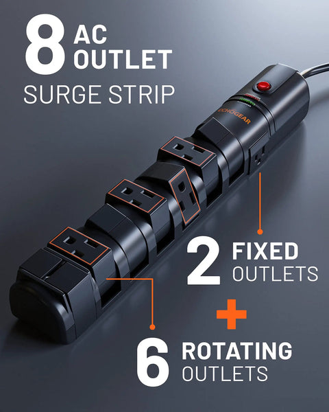 VoltSpin Surge Protector Power Strip 2 Pack with 8 AC outlets, including 6 rotating and 2 fixed outlets shown on surface.