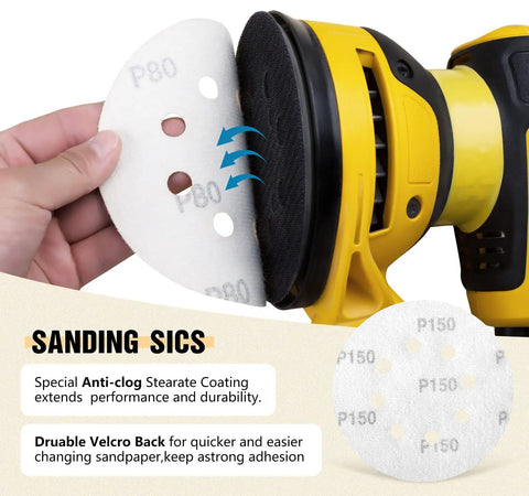 Pro Grade Five Inch Gold Sanding Discs Set 100 Pieces With 60 80 120 150 220 Grits For Orbital Sander Eight Hole Hook And Loop Backing