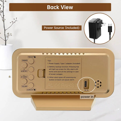 Back view of Slim Digital Mirror Alarm Clock With Gold Finish Dope LED Display For Bedroom Desk Office Or Living Room Plug In Electric Power Battery Backup 6 Dimmable Brightness Levels Modern Minimalist Small Clock showing power adapter input.