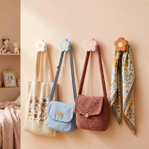 Four Pack Hand Carved Wood Daisy Wall Hooks Decorative Multi Color Coat And Robe Hanger Rack For Bathroom Kitchen Nursery 3 bags and a scarf hanging on flower-shaped hooks.