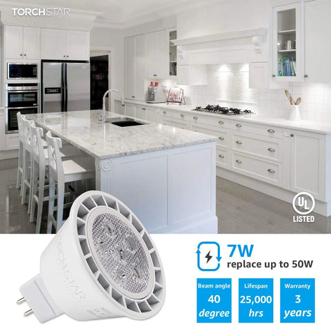 MR16 LED Bulb Dimmable 7W GU5.3 50W Equivalent 490Lm 5000K Daylight All Aluminum Housing in modern kitchen setting