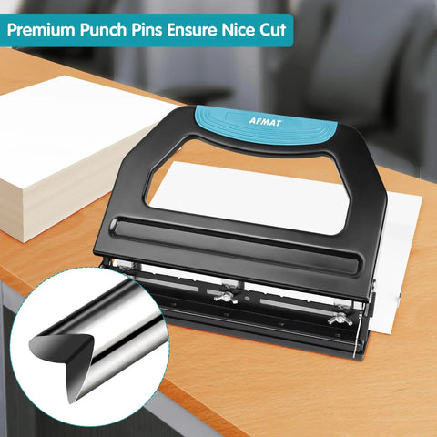Beefed Up Heavy Duty 3 Hole Puncher For Binders With 9 By 32 Inch Holes, 50 Sheet Capacity, black metal puncher on wooden desk.