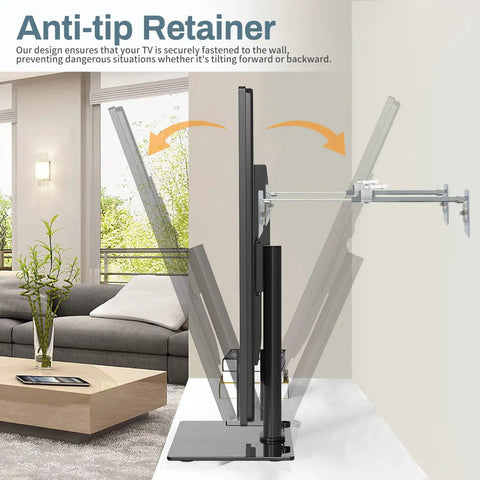 Hella Secure TV Anti Tip Anchors For Baby Proofing Lock Down Flat Screens Straight Up Hassle Free Hardware Stainless Steel Wall Safety Straps Adjust Smoothly From 5.5 To 8.2 Inches Double Pack in use, showing anti-tip retainer system.