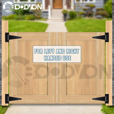 6 Inch T Strap Hinges Heavy Duty Black Wrought Iron Gate Hinges for Wooden Fences and Barn Doors Tough As Nails Corrosion Resistant Anti Rust Thick Iron With Smooth Swing Perfect for Yard Gates and Sheds 2 Pack Set mounted on wooden double gates.
