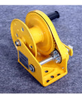 Heavy Duty Electric Hoist 2600 LB Manual Winch Hand Crank Self-Cranking Lifter With Steel Rope And Brake For Garage, Warehouse Shop Projects side view of yellow hand winch with steel parts