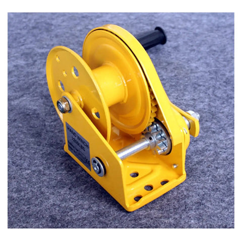 Heavy Duty Electric Hoist 2600 LB Manual Winch Hand Crank Self-Cranking Lifter With Steel Rope And Brake For Garage, Warehouse Shop Projects side view of yellow hand winch with steel parts
