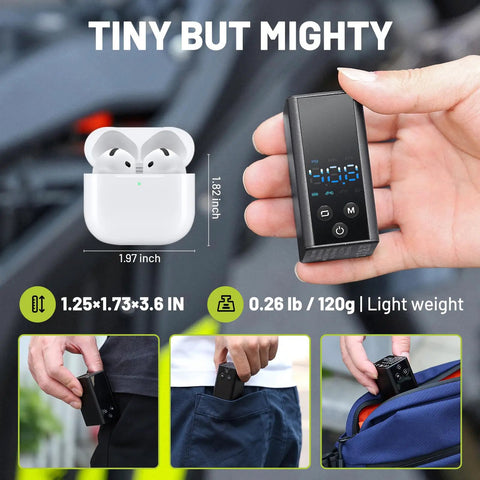 Ultra Compact Mini Bike Pump With Gauge 120 PSI Electric Bike Pump For Presta And Schrader Valves shown in hand for size