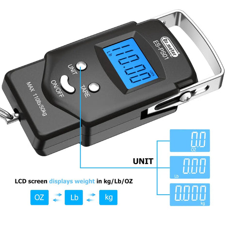 Pocket Size Fishing And Luggage Scale With Built In Tape And Backlit LCD Display 110 Lb 50 Kg Digital Weighing Scale