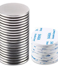 MIKEDE 20-pack neodymium disc magnets with double-sided adhesive; stack of silver magnets beside white adhesive discs