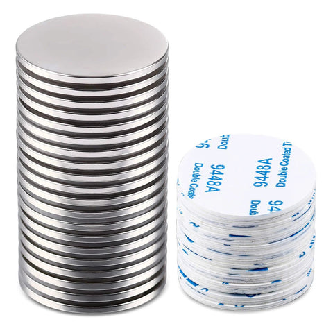 MIKEDE 20-pack neodymium disc magnets with double-sided adhesive; stack of silver magnets beside white adhesive discs