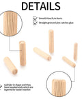 90 Piece Wooden Dowel Pins Set With Tapered Beveled Ends showing various sizes; smooth, straight grooved pins with details highlighted.