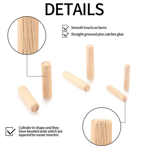90 Piece Wooden Dowel Pins Set With Tapered Beveled Ends showing various sizes; smooth, straight grooved pins with details highlighted.