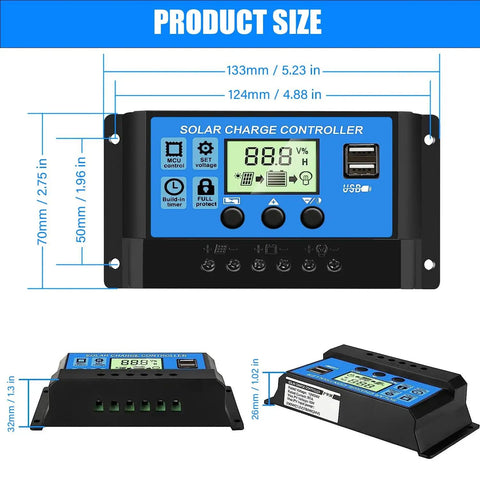30A PWM Solar Charge Controller For 12V And 24V Systems With Dual USB Ports, Clear LCD Display, front and side view