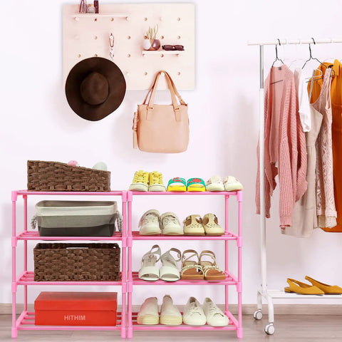 4 Tier Free Standing Shoe Rack For 6 To 8 Pairs Lightweight Stackable Organizer For Entryway Doorway And Closet Kid Friendly Pink Space Saving Solution For Small Spaces displaying various shoes and baskets