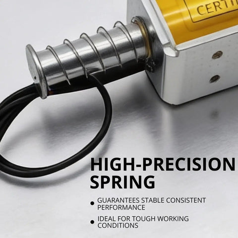 Close-up of a DC12V Push Pull Solenoid With 35mm Stroke, High Performance Linear Actuator, highlighting high-precision spring.