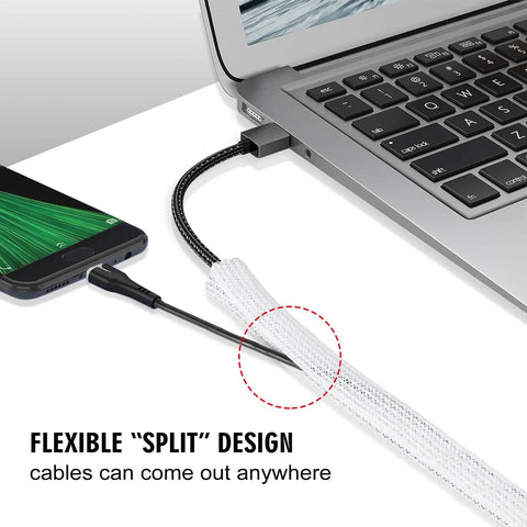 Dog Proof Pet Resistant 25ft Cord Protector Sleeves, 1/2 Inch Thick Wire Cable Cover White with flexible split design for easy cable access.