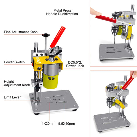 Compact Benchtop Mini Drill Press With Adjustable Speed And A Boss 795 DC Motor B10 Chuck Built For Metal Wood Jewelry And DIY Crafts Portable Lightweight Yellow, featuring a metal frame, adjustable height, and dual-direction handle.