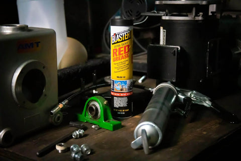Extra Tacky Red Grease For Heavy Duty High Temperature And High Pressure Use With Boss Level Wear Protection, Water Resistant Lubricant, 14 Ounce Jars, Pack Of 10, surrounded by tools and machinery.