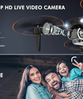 Mini Drone With 1080P HD FPV Camera For Kids RC Quadcopter With Altitude Hold Gravity Sensor Dual Batteries Live Video Via App Easy Remote Control Toy For Boys And Girls Black showcasing camera lens and gesture control with family taking a selfie.