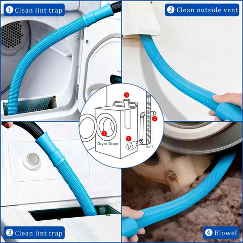 Dryer Vent Cleaning Kit With Universal Vacuum Hose Attachment For Deep Lint Removal in use, showing 31-inch reach in various cleaning stages.