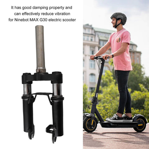 Front Suspension Fork For Electric Scooter With Shock Absorption Aluminum Alloy Construction Lightweight Easy Install Replacement Part Designed For Quick Install And Smooth Ride On Most Electric Scooters beside a person riding an electric scooter.
