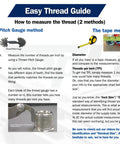 Easy Thread Guide instructions on measuring thread using caliper and thread pitch gauge, with visuals for clarity.