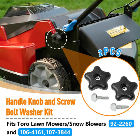 Two Pack Handle Knobs With Screws Bolts And Washers Replacement Kit For Snow Blowers And Lawn Mowers Compatible With Models 92 2260 106 4161 107 3844 Replacement Parts For Easy Repair shown with Toro mower.