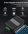 8-Port Gigabit Industrial DIN Rail Ethernet Switch With 16Gbps Switching Capacity, IP40 Rated, aluminum case, cables connected