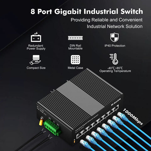 8-Port Gigabit Industrial DIN Rail Ethernet Switch With 16Gbps Switching Capacity, IP40 Rated, aluminum case, cables connected