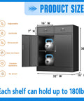 Heavy Duty Metal Storage Cabinet With Doors And Shelves, 36 Inch Tall Locking Cabinet With Two Drawers, Built Tough Reinforced Steel For Garage, Workshop, Office Or Home Use, Black, shown with open doors and shelves holding kettlebells.