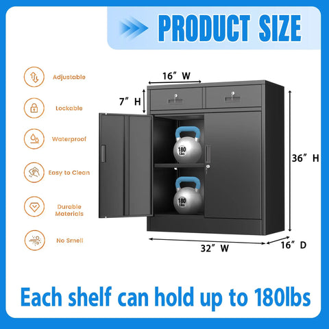 Heavy Duty Metal Storage Cabinet With Doors And Shelves, 36 Inch Tall Locking Cabinet With Two Drawers, Built Tough Reinforced Steel For Garage, Workshop, Office Or Home Use, Black, shown with open doors and shelves holding kettlebells.